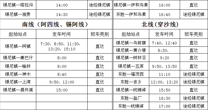 杭锦旗汽车站班车时刻表