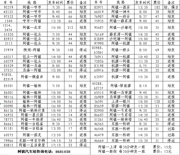 阿镇汽车站时刻表